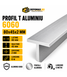 Profil T aluminiu 80 x 45 x 2 mm, 6 metri